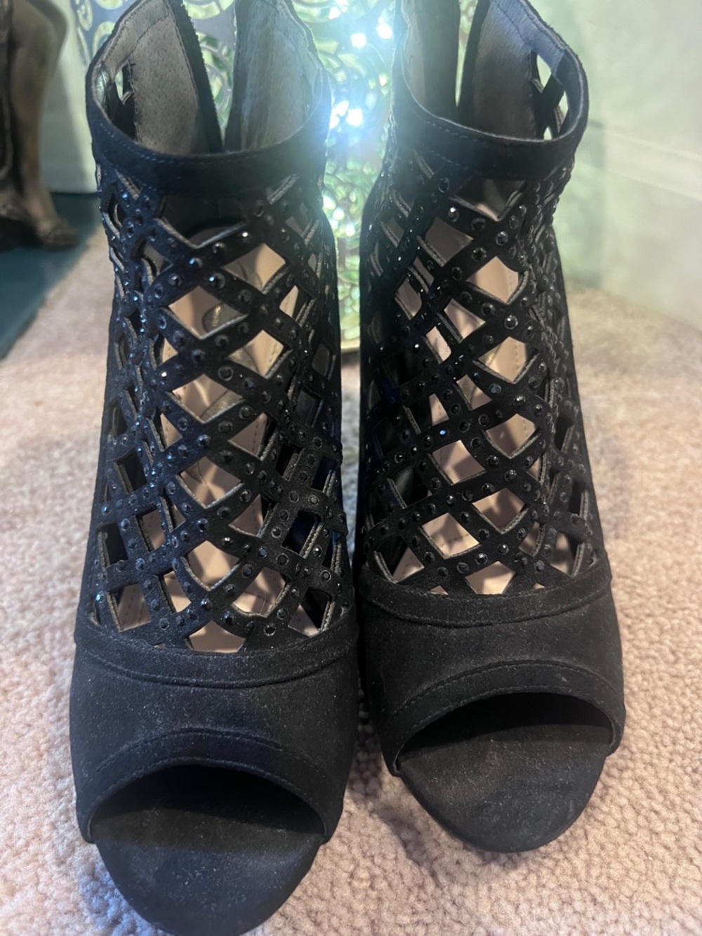 Nina Black Open-Toe Lattice High-Heel Booties